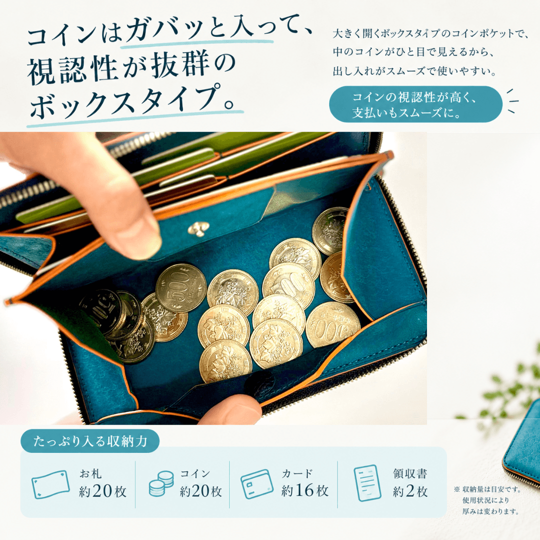 小銭がパッと見渡せる 薄型コンパクトラウンドジップ長財布 バイカラー ブラック | 7枚目