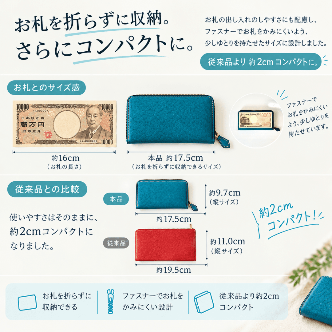 小銭がパッと見渡せる 薄型コンパクトラウンドジップ長財布 バイカラー ブラック | 8枚目
